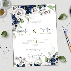 Navy Blue and White Wedding Invitation Template, Editable, and Printable Wedding Invites, Instant Download, Invites for Print, Blue OCEAN.