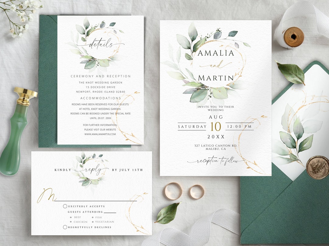 Greenery and Gold Wedding Invitation Template Set (printable) - Etsy