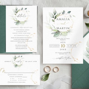 Set di modelli di invito di nozze, set di inviti di nozze verde e oro, invito modificabile e stampabile verde reale, set di inviti di nozze verde.