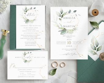 Greenery and Gold Wedding Invitation Template Set (Printable)