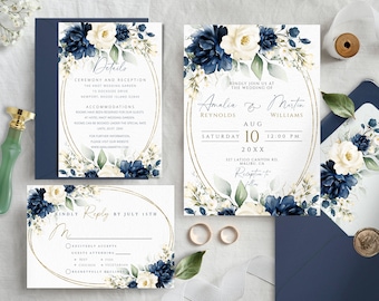Printable Wedding Invitation Template Set, Blue Navy & White Floral Wedding invites suite.