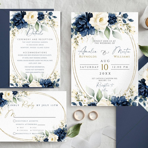 Wedding Invitation Template Set, Blue Navy & White Floral Wedding invites suite, Printable Wedding Invitation set, Navy Editable Invitation.