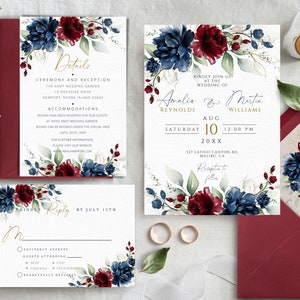 Marineblauwe en rode bordeauxrode bloemen bruiloft uitnodiging sjabloon set met RSVP-kaart en detailkaart, bewerkbare en afdrukbare bruiloft uitnodiging DIY