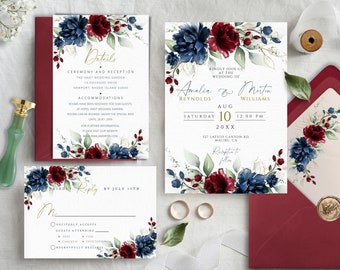 Navy Blue and Red Burgundy Floral Wedding Invitation Template Set with RSVP Card and Details Card, Editable and Printable Wedding Invite DIY