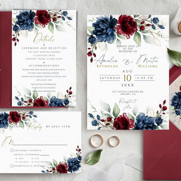 Navy Blue and Red Burgundy Floral Wedding Invitation Template Set with RSVP Card and Details Card, Editable and Printable Wedding Invite DIY