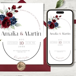Modèle d’invitation de mariage moderne, pour téléphone et impression, mariage rouge bordeaux et bleu marine, carte d’invitation simple modifiable et imprimable à faire soi-même