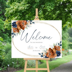 Modèle de plaque de bienvenue de mariage floral orange brûlé (modifiable et imprimable)
