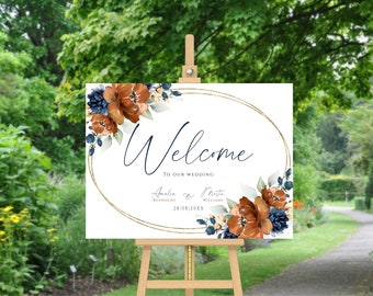 Wedding Welcome Sign Template, Burnt Orange and Navy Blue Wedding Welcome Sign, Editable & Printable Welcome Sign, Terracotta and Navy Blue