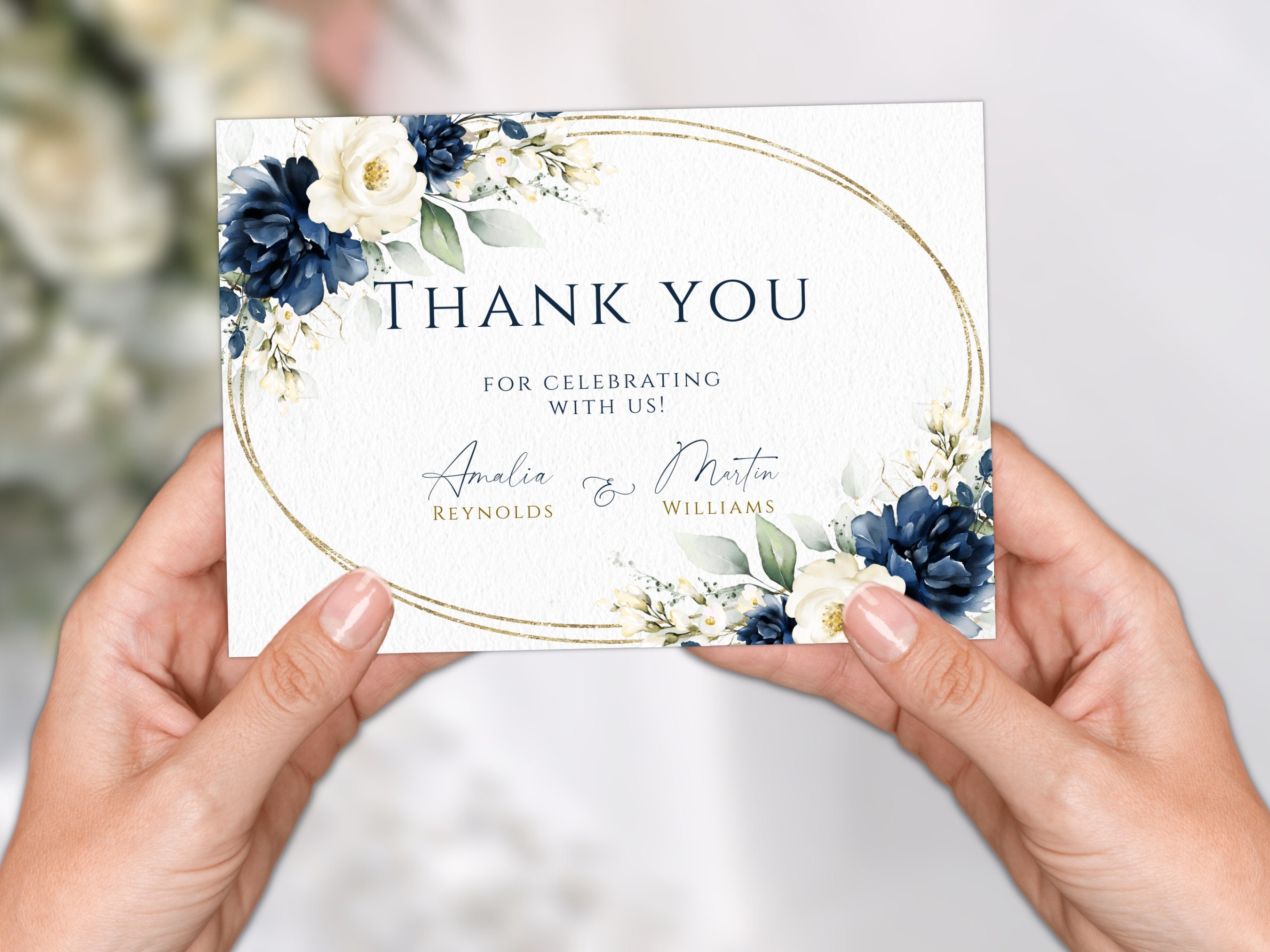 Navy Blue Floral Wedding Thank You Card: Editable Template - Etsy