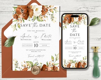 Terracotta Blooms Wedding Save the Date | Digital and Print Invitation Template | Customizable Rustic Floral Design for Smartphone and Print