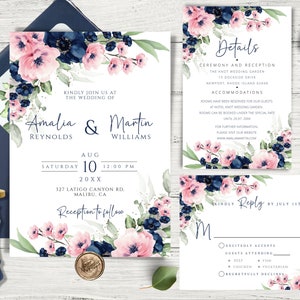 Rosa und marineblaue Hochzeitseinladung Vorlage Set, druckbare und bearbeitbare Einladungskarte, staubiges rosa und ozeanblaues Hochzeitseinladungspaket, DIY