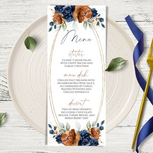 Bruiloft menusjabloon, verbrand oranje en marineblauw menu downloaden, bewerkbare en afdrukbare terracotta en marineblauwe bloemen bruiloft voedselmenu, DIY MENU