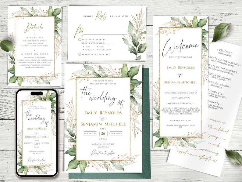 Greenery Gold Leaf Wedding Invitation Template Set (digital Download ...