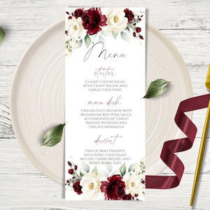 Eleganckie bordowo-białe kwiatowe menu weselne, wydrukowane kulinarne przysmaki na Twoją niezapomnianą uroczystość, dostosowywane szczegóły posiłków, zrób to sam