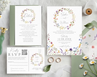 Wildflower Wedding Invitation Template Set, Printable, and Editable Wedding Invitation Template, DIY Wedding Invitation, Wildflower Invites.