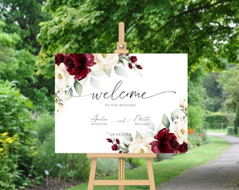 Burgundy and White Floral Welcome Sign Template, Elegant Wedding Entrance Decor, Customizable Digital Design for a Warm Greeting, DIY Poster