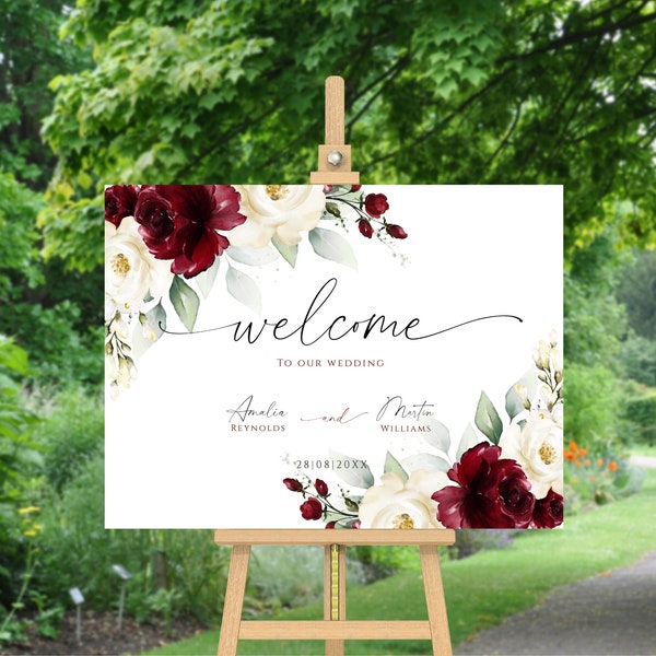 Burgundy and White Floral Welcome Sign Template, Elegant Wedding Entrance Decor, Customizable Digital Design for a Warm Greeting, DIY Poster