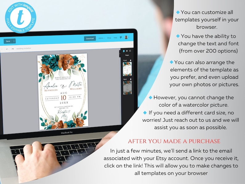 Burnt Orange and Teal Wedding Invites Mega Bundle, Teal Terracotta Editable & Printable Invitation Set