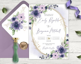 Dusty Purple Floral Wedding Invitation Template: Lilac Suite (Instant Download)