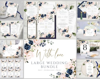 Wedding Invitation MEGA bundle, Blush Pink & Blue Navy Invites Template Set, Printable and Editable.