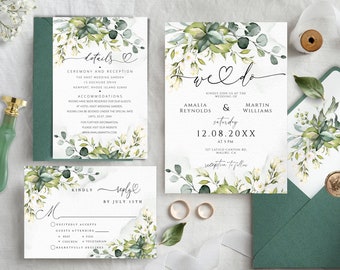 Greenery Wedding Invitation Template Set, Printable and Editable Eucalyptus Invite DIY.