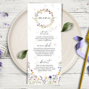 Plantilla de menú de boda de flores silvestres, menú de boda floral editable e imprimible, plantilla de menú de comida de flores silvestres, tarjeta de menú de descarga instantánea de bricolaje