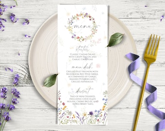 Wildflowers Wedding Menu Template, Floral Editable and Printable Wedding Menu, Wildflower Food Menu Template, DIY Instant Download Menu Card