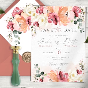 Modello Salva la data per matrimonio floreale color pesca, modificabile, stampabile, modello per inviti con fiori di pesca, colore pesca Fuzz dell'anno 2024.