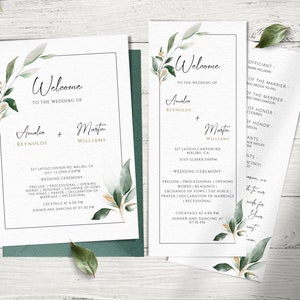 Könnte beinhalten: Eine Hochzeitseinladungssuite mit einem grünen und goldenen Aquarell-Blumendesign. Die Einladung enthält die Namen Amalia Reynolds und Martin Williams, das Hochzeitsdatum und die Uhrzeit sowie den Ort. Die Karte mit der Reihenfolge des Ablaufs listet den Standesbeamten, die Namen der Hochzeitsgesellschaft und die Reihenfolge der Ereignisse auf.