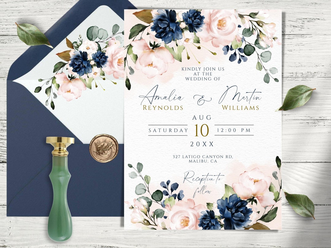 VIVIAN Blush Pink & Blue Navy Wedding Invitation Template, Printable ...