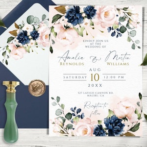 VIVIAN Blush Pink & Blue Navy Wedding Invitation Template, Printable and Editable Soft Pink and Blue Navy Invites,  Instant Download INVITE.