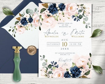 Blush Pink & Navy Floral Wedding Invitation Template (Instant Download)