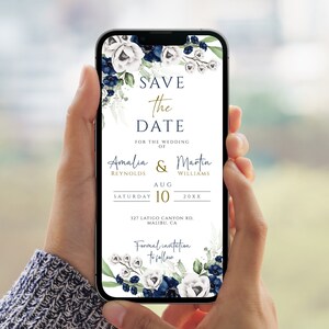 Navy Blue and White Electronic Wedding Save the Date Template, Floral OCEAN Blue Save the Date Template For Phone, Editable Phone E-vite DIY