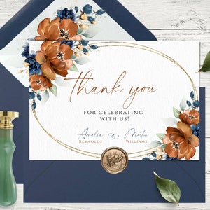 Hochzeit Dankeskarte, Burnt Orange und Marineblau Dankeskarten, bearbeitbare Hochzeitskarte, druckbare einseitige & gefaltete Dankeskarten.