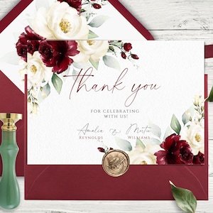 Cartões de agradecimento de casamento floral cor de vinho e branco, modelos de cartões de casamento de gratidão para impressão, cartão de casamento de agradecimento personalizado, faça você mesmo.