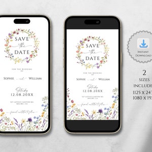 Wildflowers Electronic Save The Date Template, E-Invites For Phone, Editable Floral Wedding Save the Date
