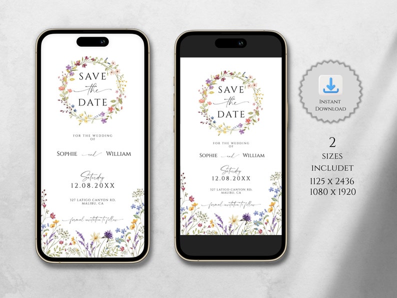 Wildflowers Electronic Save The Date Template, E-Invites For Phone, Editable Floral Wedding Save the Date