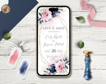 PinkNavya Blush Pink & Navy Blue Electronic Wedding Save The Date Template, Editable, For Smartphones, DIY Wedding invites, iPhone e-vite