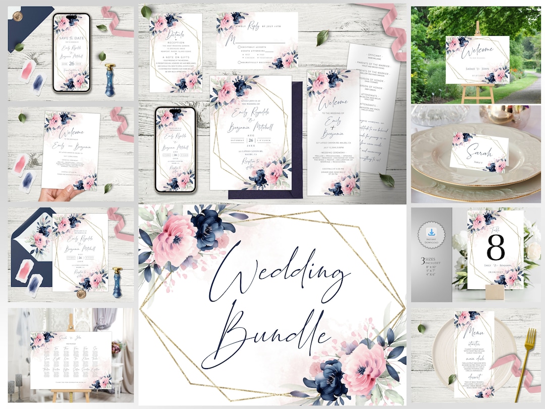 Pinknavya Wedding Invitation Bundle Template, Navy Blue and Blush Pink ...