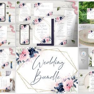 PinkNavya Wedding Invitation Bundle Template, Navy Blue and Blush Pink Flowers Printable Invites Bundle, Editable Wedding Invites Set.