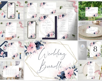 PinkNavya Wedding Invitation Bundle Template, Navy Blue and Blush Pink Flowers Printable Invites Bundle, Editable Wedding Invites Set.