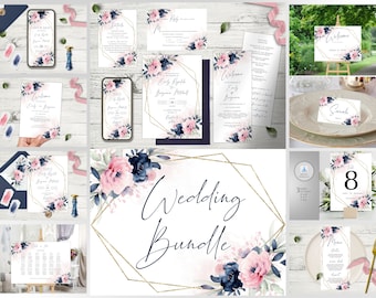 Paquete completo de invitaciones de boda florales: azul marino y rosa palo (editable e imprimible)