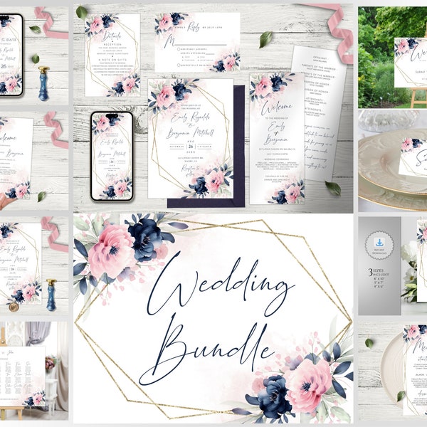 PinkNavya Wedding Invitation Bundle Template, Navy Blue and Blush Pink Flowers Printable Invites Bundle, Editable Wedding Invites Set.