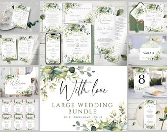 Wedding Invitation Mega Bundle, Printable Greenery Templates Set, Editable Wedding Invitation SET With Eucalyptus Theme DIY Moss Green Leafs