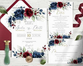 Navy Blue and Burgundy Wedding Invitation Template Suite - Etsy