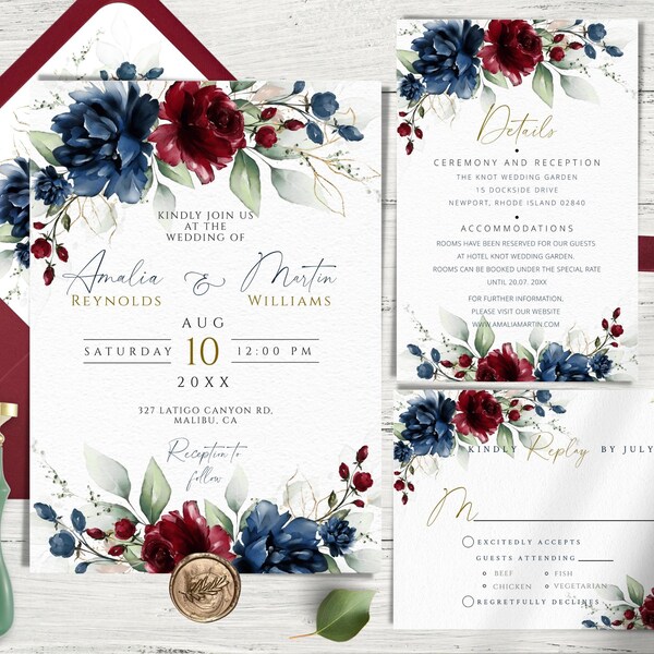 Navy and Burgundy Wedding Invitation - Etsy