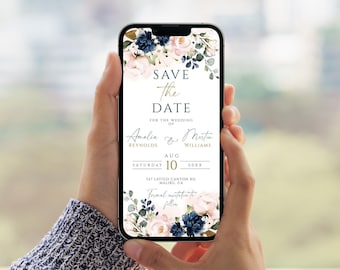 Vivian Blush Pink and Blue Navy Electronic Save The Date Template For Phone, Editable Soft Pink & Blue Floral Wedding For Any SmartPhone DIY