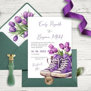 Modello di invito di nozze TulipAura, invito di scarpe viola tulipano, stampabile e modificabile, fiori viola matrimonio inviti Download, invito fai da te