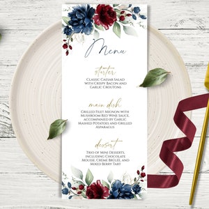 Bourgondische & Marine bruiloft menusjabloon, bloemen bewerkbare rode Bourgondische en blauwe Marine menu downloaden, INSTANT downloaden, DIY afdrukbare bloemenmenu