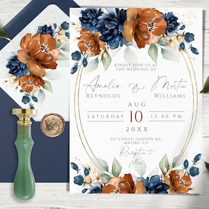 Burnt Orange Navy Floral Wedding Invitation Template (DIY Editable)
